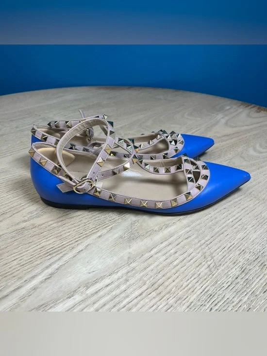 Valentino Garavani Rockstud Blue Leather Studded Ballet Flats Size 38.5 - Picture 3 of 11